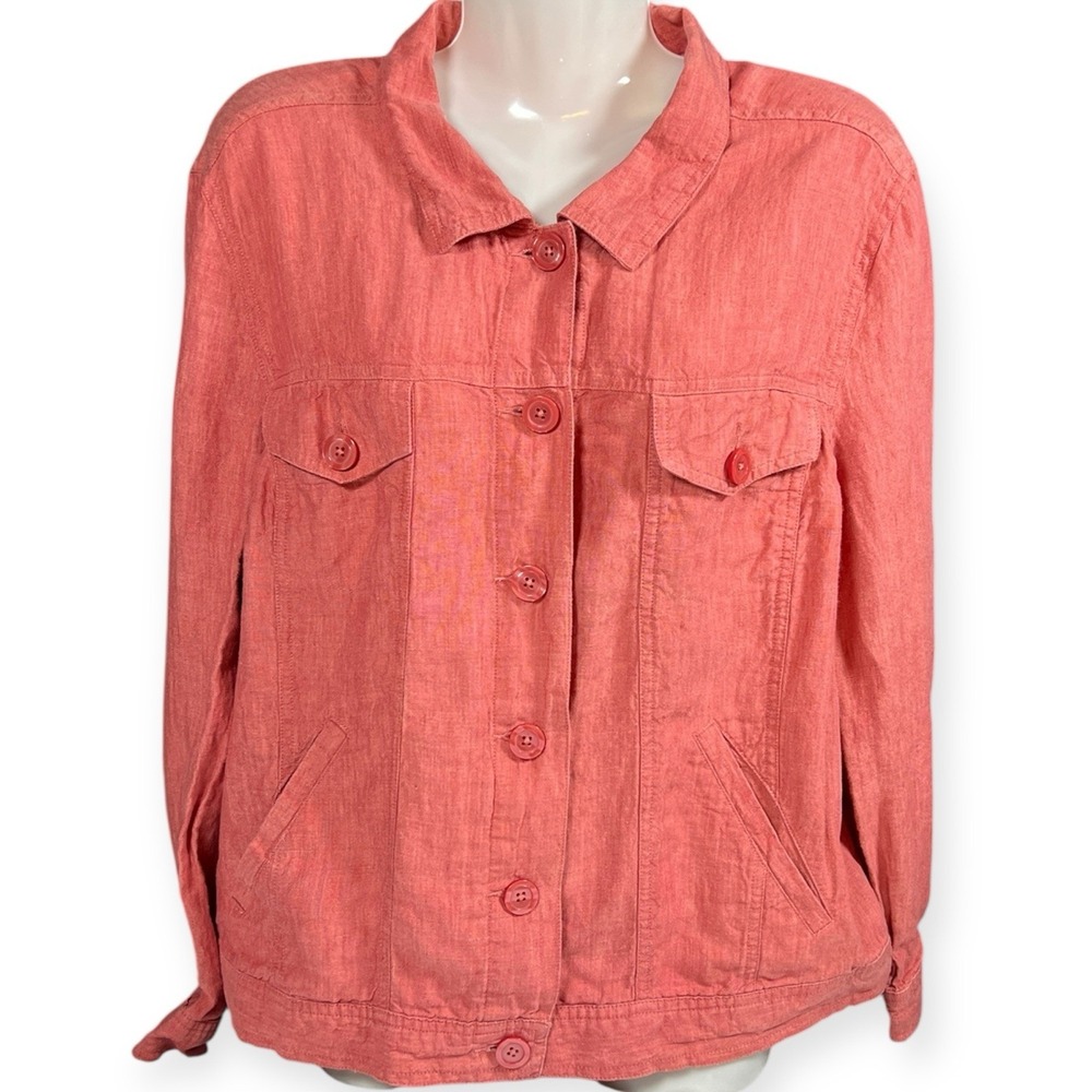 100% Linen Linden Hill Trucker Jacket Sz XL Lightweight Unlined 6‎ Button Coral